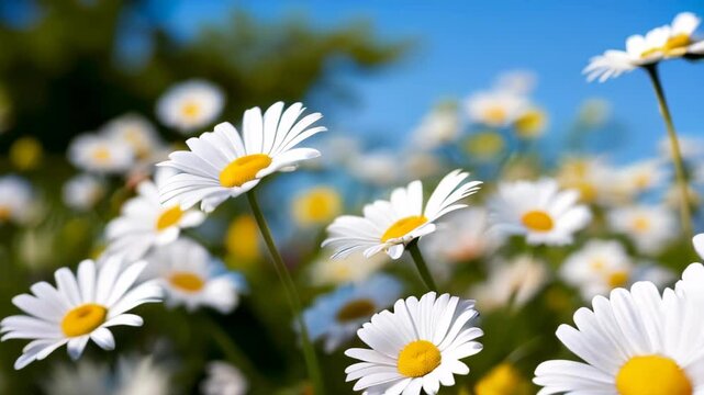 Field daises background swaying in wind close up. White blooming chamomile flowers summer field meadow close-up. Wildflowers in nature spring. Environmental conservation, ecosystem. beautiful daises