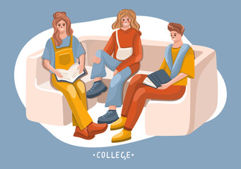 Students doing homework. Higher education in college, university, or secondary school. Vector.