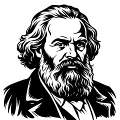 A detailed black and white illustration of a man with a beard and long hair