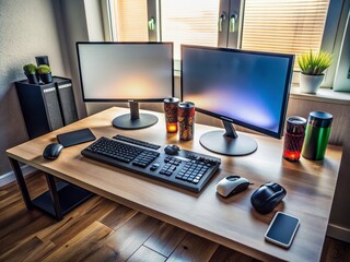 Clutter-free computer station with dual monitors, keyboard, and mouse, surrounded by empty energy drink cans, notebooks, and scattered papers, conveying intense gaming design focus.