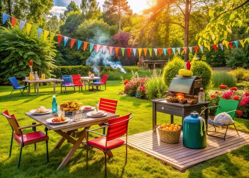 Vibrant outdoor setting featuring a sizzling grill, colorful patio furniture, and a scattering of lawn games, capturing the essence of a joyful Labor Day celebration. - Powered by Adobe