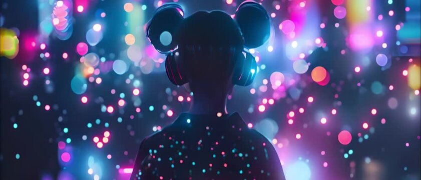 Anime young Japanese lady with headphones listening to music, blue pink bokeh lights. vaporwave, synthwave, neon style, streaming, anime, streaming gaming 4k video Anime animation cyber neon city