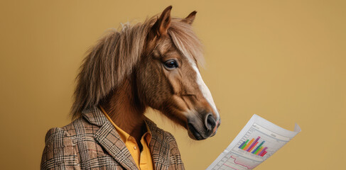 Horse in business suit analyzing financial charts and graphs with serious expression