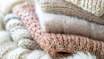 A tidy arrangement of woolen sweaters and blankets is stacked on top of each other