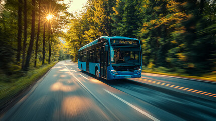 Obraz premium A modern blue bus speeding along a road surrounded by lush green trees. The sun is setting or rising, casting a warm golden hue over the scene. The bus appears to be in motion