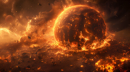 Obraz premium A dystopian solar planet experiencing the effects of a massive coronal mass ejection, with fiery explosions and atmospheric disturbances 