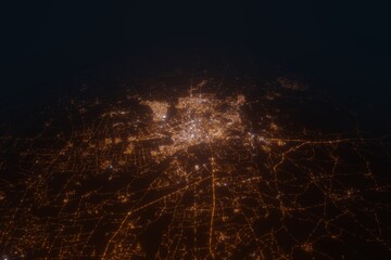 Aerial view on Marrakesh (Morocco) from east. Top view on modern city at night from satellite