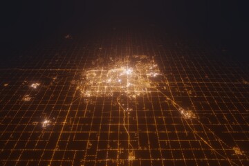 Aerial view on Lincoln (USA) from east. Satellite view on modern city at night