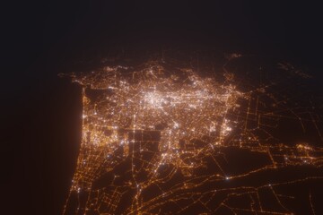 Aerial view on Christchurch (New Zealand) from north. Top view on modern city at night from satellite