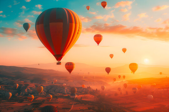 Ballon dirigeable au-dessus d'un paysage imaginaire au coucher de soleil
