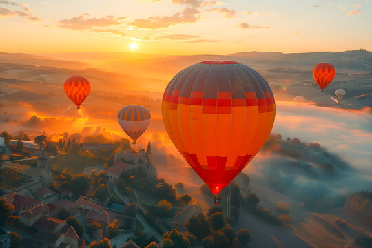 Ballon dirigeable au-dessus d'un paysage imaginaire au coucher de soleil