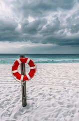 a red and white lifebuoy on a pole at the beach, with white sand, a cloudy sky, and calm ocean water in the distance