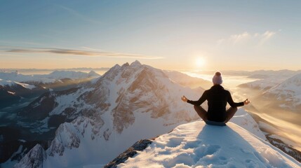 Woman meditating on snowy mountain peak at sunrise.