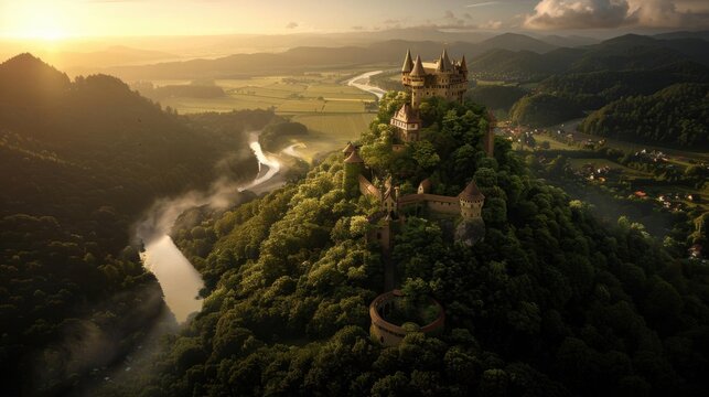 A medieval castle on a hilltop, surrounded by lush forests and a flowing river, during the golden hour of sunset