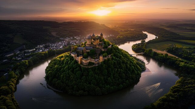 A medieval castle on a hilltop, surrounded by lush forests and a flowing river, during the golden hour of sunset
