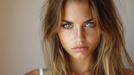 Young woman with intense blue eyes staring directly at the camera, conveying determination and confidence. The close-up portrait highlights her striking features and freckled face.