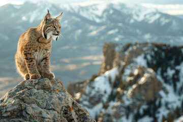 Fototapeta premium A bobcat surveys mountain landscape with grace