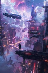 A futuristic cityscape with vibrant neon lights, flying vehicles, and towering buildings. A lone figure stands on a ledge, looking at the dazzling view.