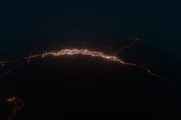 Aerial view on Antofagasta (Chile) from west. Top view on modern city at night from satellite
