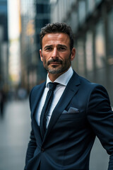 Fototapeta premium Portrait of handsome mature businessman in suit outdoors. Businessman looking at camera.