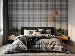 Cozy Bedroom Interior Mockup with Unmade Bed and Gray-Black Plaid - 3D Rendering