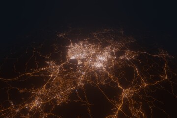Aerial view on Gwangju (South Korea) from north. Top view on modern city at night from satellite