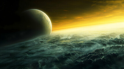 Fototapeta premium A dystopian solar planet with intense cosmic radiation affecting its surface, creating a harsh and uninhabitable environment 