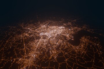 Aerial view on Kaunas (Lithuania) from south. Top view on modern city at night from satellite