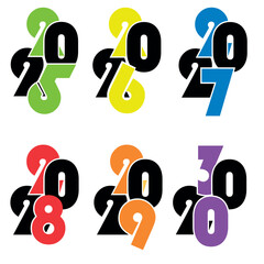 Set of creative numbers from 2024 to 2030. Creative 2025, 2026, 2027, 2028, 2029, 2030 badges and year logo. Calendar or planner cover design. Isolated elements. Colorful concept. New Year icons.eps