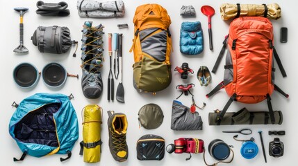 Exciting camping adventure: backpacks, boots, and essential gear displayed on a white table