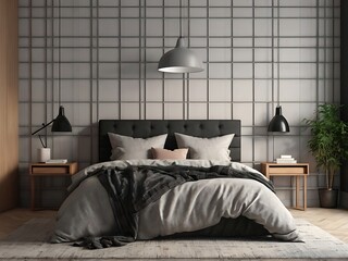 Minimalist Bedroom Interior with White Wall and Plaid Accents - 3D Rendering