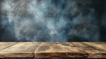Rustic wooden table surface in front of a textured dark blue and gray wall, creating a moody and atmospheric background.