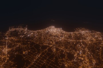 Aerial view on Pattaya (Thailand) from east. Top view on modern city at night from satellite