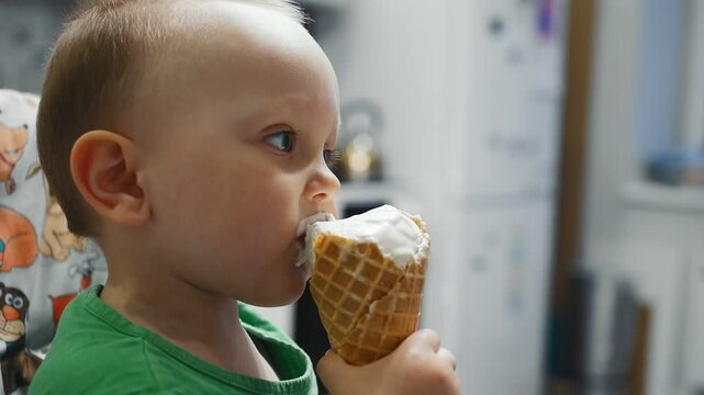 two year old chubby child eats ice cream in the kitchen