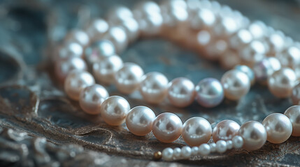 Close-up of a string of lustrous pearls arranged elegantly on an ornate surface, highlighting their smooth and shiny texture.