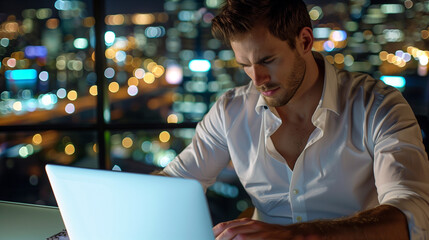 Businessman working in office at night 