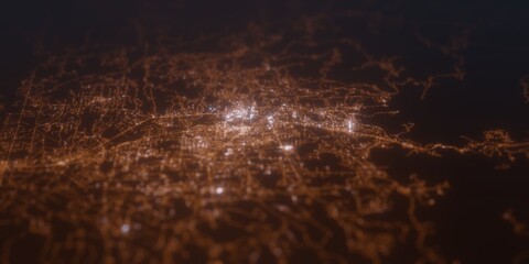 Street lights map of Redding (California, USA) with tilt-shift effect, view from east. Imitation of macro shot with blurred background. 3d render, selective focus
