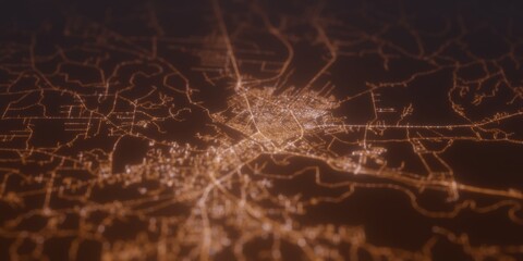 Street lights map of Alexandria (Louisiana, USA) with tilt-shift effect, view from north. Imitation of macro shot with blurred background. 3d render, selective focus