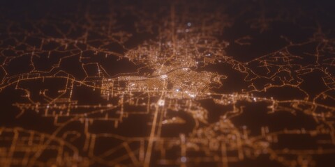 Street lights map of Monroe (Louisiana, USA) with tilt-shift effect, view from east. Imitation of macro shot with blurred background. 3d render, selective focus