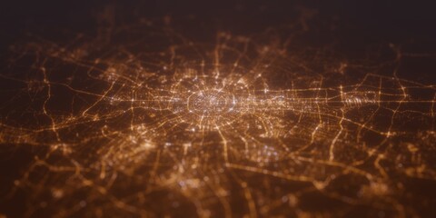 Street lights map of Chengdu (China) with tilt-shift effect, view from west. Imitation of macro shot with blurred background. 3d render, selective focus