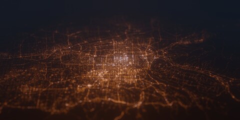 Street lights map of Xian (China) with tilt-shift effect, view from south. Imitation of macro shot with blurred background. 3d render, selective focus