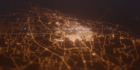 Street lights map of Multan (Pakistan) with tilt-shift effect, view from east. Imitation of macro shot with blurred background. 3d render, selective focus