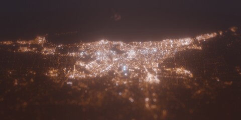 Street lights map of Perth (Australia) with tilt-shift effect, view from east. Imitation of macro shot with blurred background. 3d render, selective focus