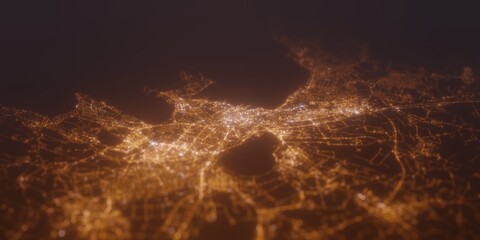 Street lights map of Tallinn (Estonia) with tilt-shift effect, view from south. Imitation of macro shot with blurred background. 3d render, selective focus