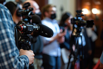A spokesperson addresses press conference with microphones
