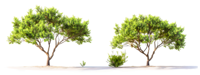 Two Lush Green Trees with Dense Foliage on a Clear Day in a Minimalist Landscape on Transparent Background