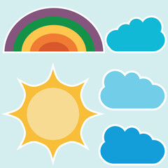 Rainbow, sun and blue clouds with white outline, flat design