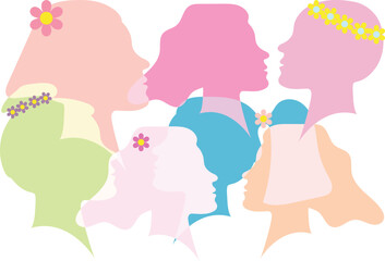 Women's silhouettes with various hairstyles and flower decorations