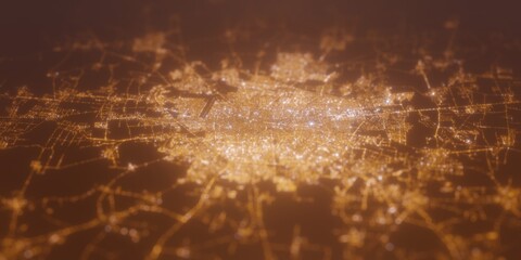 Street lights map of Merida (Mexico) with tilt-shift effect, view from east. Imitation of macro shot with blurred background. 3d render, selective focus