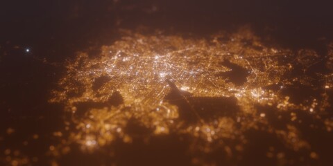 Street lights map of Mexico City with tilt-shift effect, view from east. Imitation of macro shot with blurred background. 3d render, selective focus